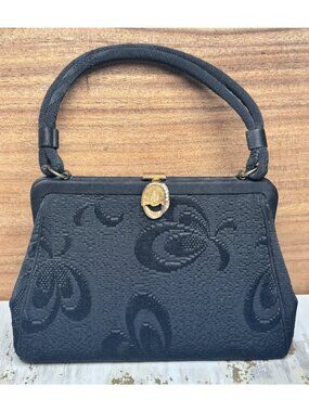 Vintage 1940s 50s GARAY Black Brocade Handbag Jeweled Rhinestone Clasp Purse